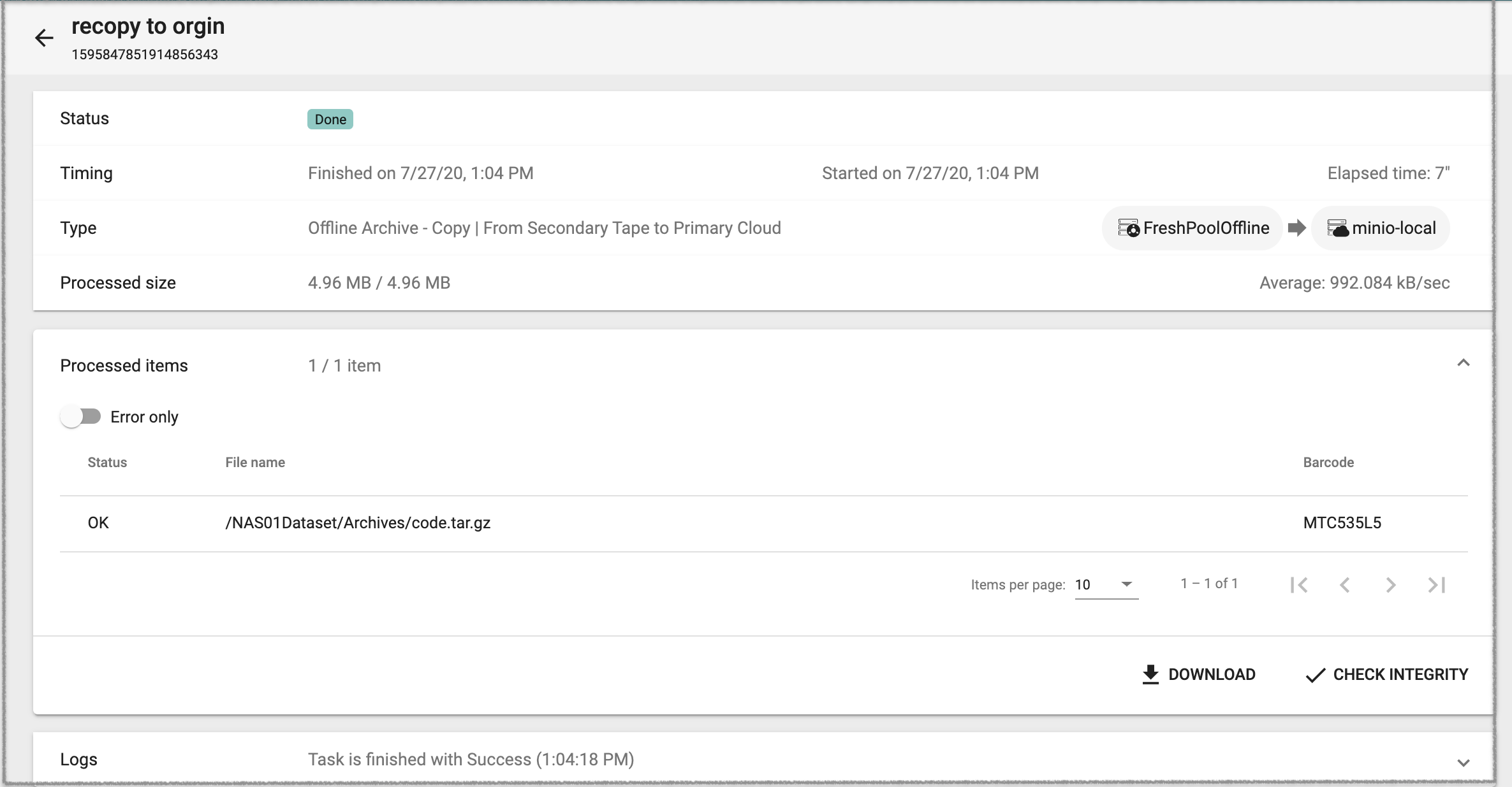 task execution summary