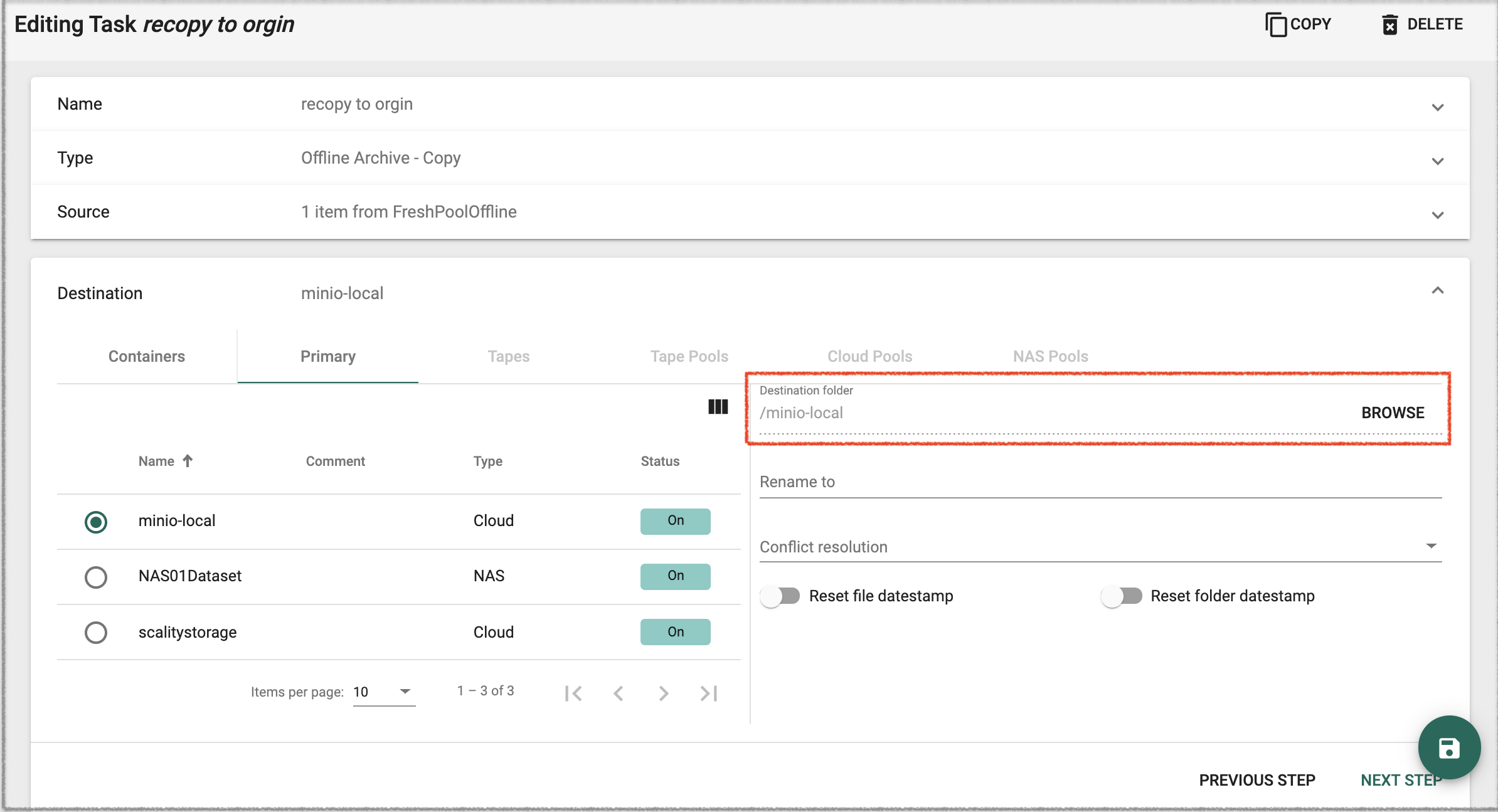 destination selection with destination folder